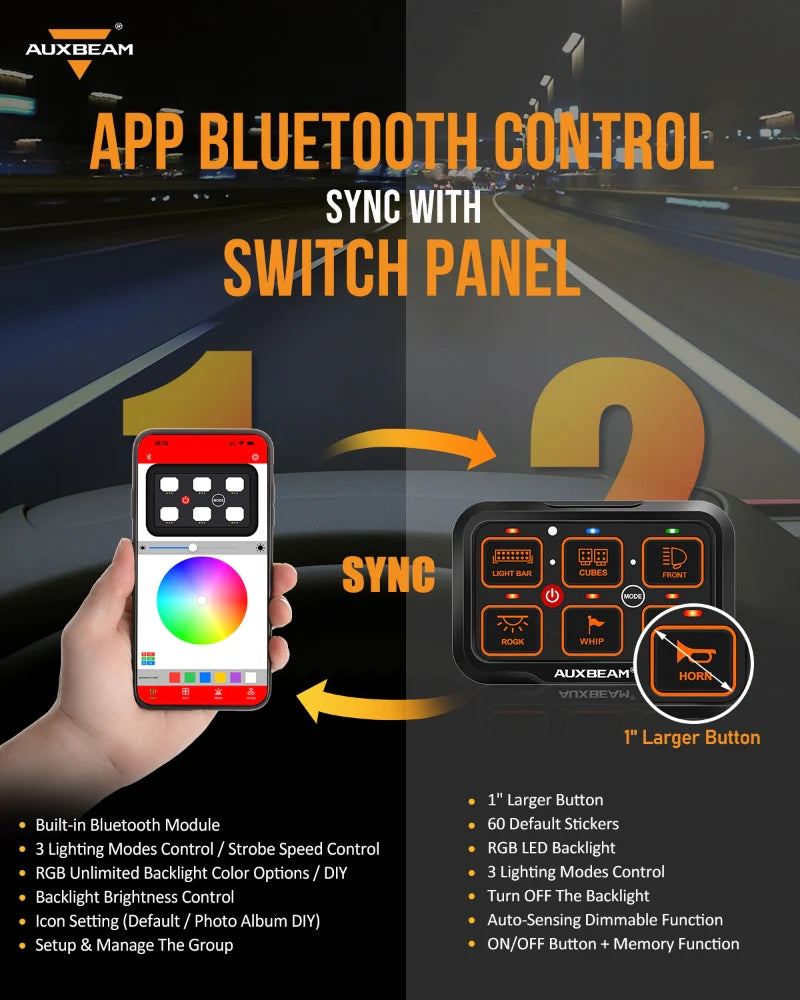 Auxbeam AR-600 RGB SWITCH PANEL WITH APP, TOGGLE/ MOMENTARY/ PULSED MODE SUPPORTED