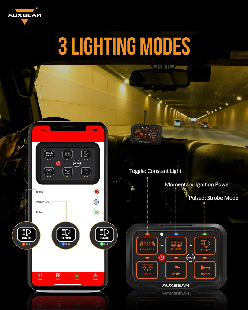 Auxbeam AR-600 RGB SWITCH PANEL WITH APP, TOGGLE/ MOMENTARY/ PULSED MODE SUPPORTED